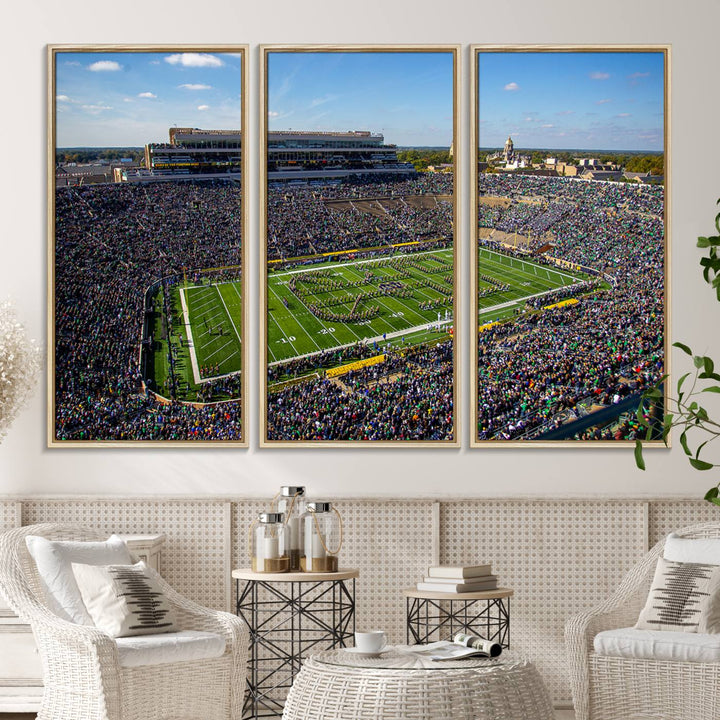 Aerial shot of packed stadium on green; Notre Dame Fighting Irish Stadium Wall Art Canvas Print.