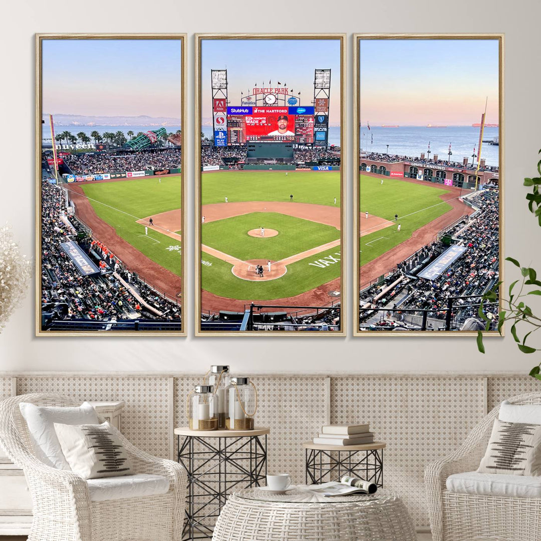 Gallery-quality canvas print of Oracle Park Stadium showcasing a waterfront view from behind home plate.