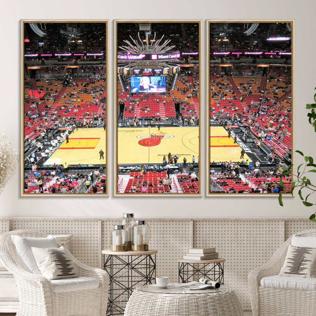 A Miami Heat Basketball Print showcases Kaseya Center Stadium Wall Art with a grand scoreboard.