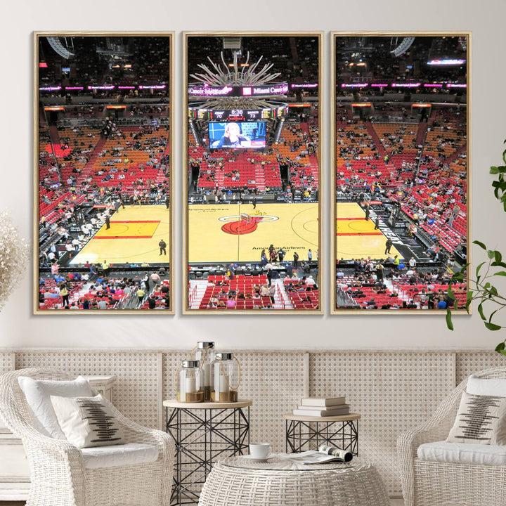 A Miami Heat Basketball Print showcases Kaseya Center Stadium Wall Art with a grand scoreboard.