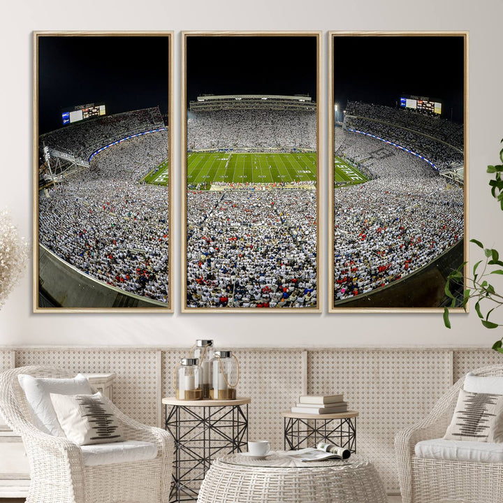 The triple canvas wall art depicts Beaver Stadiums vibrant atmosphere during a night game from the end zone.