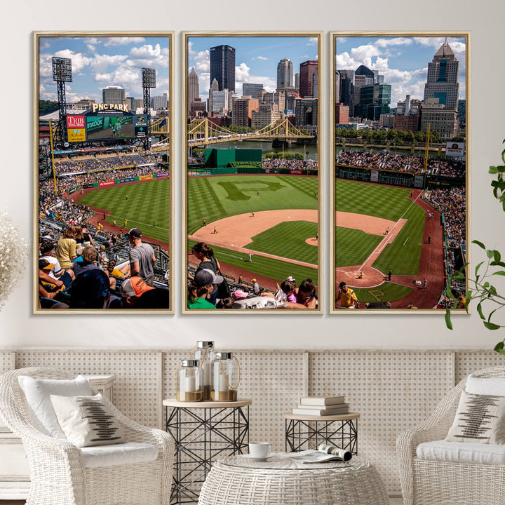 PNC Park Stadium canvas print features a lush field and city skyline, ready to hang.