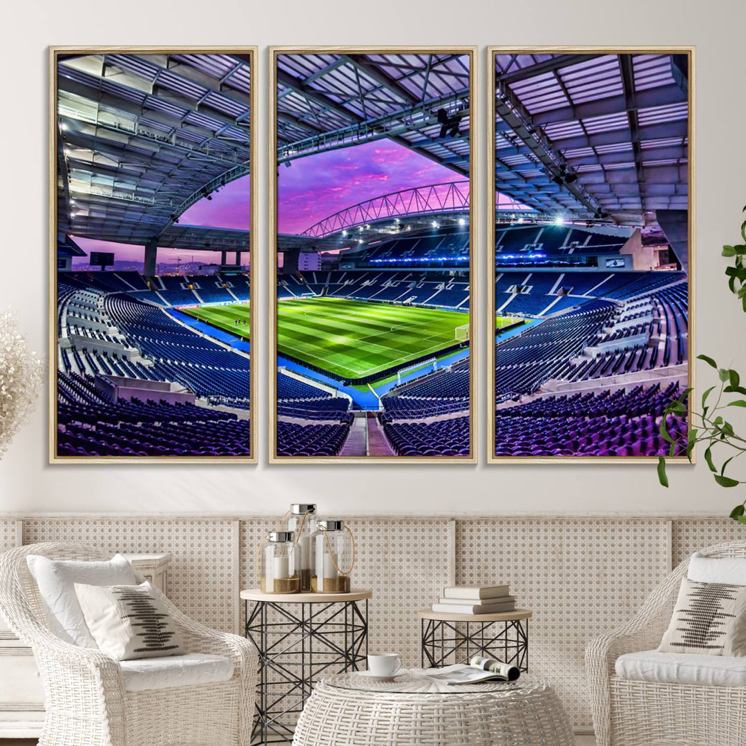 The FC Porto Soccer Team Dragon Stadium Wall Art Canvas Print decorates the room.