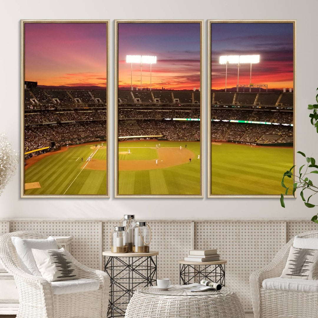 The Oakland Coliseum print is a museum-quality canvas depicting a full crowd and a sunset.