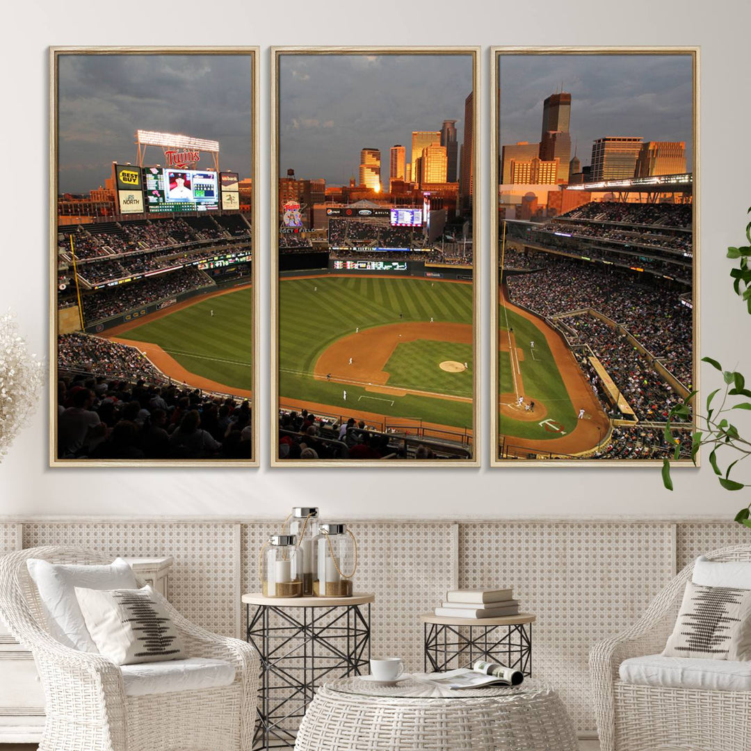 Baseball at Target Field, sunset game, city skyline view.