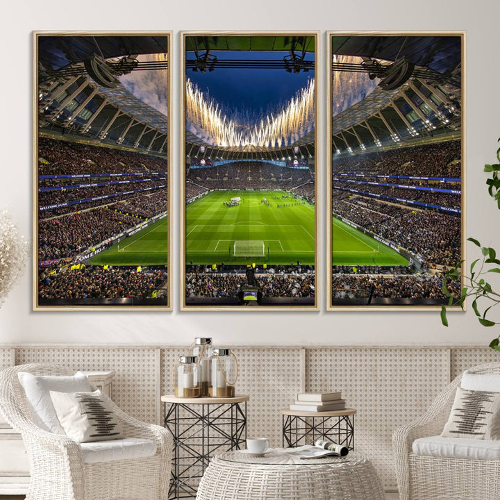 A stunning Tottenham Hotspur Stadium wall art captures the energy of a stadium packed with fans and vibrant lights.