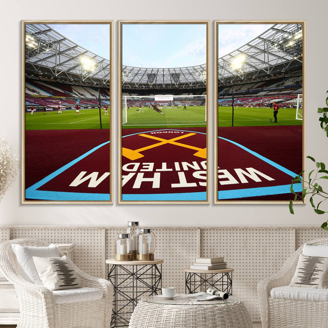 A soccer stadium with the West Ham United FC logo.