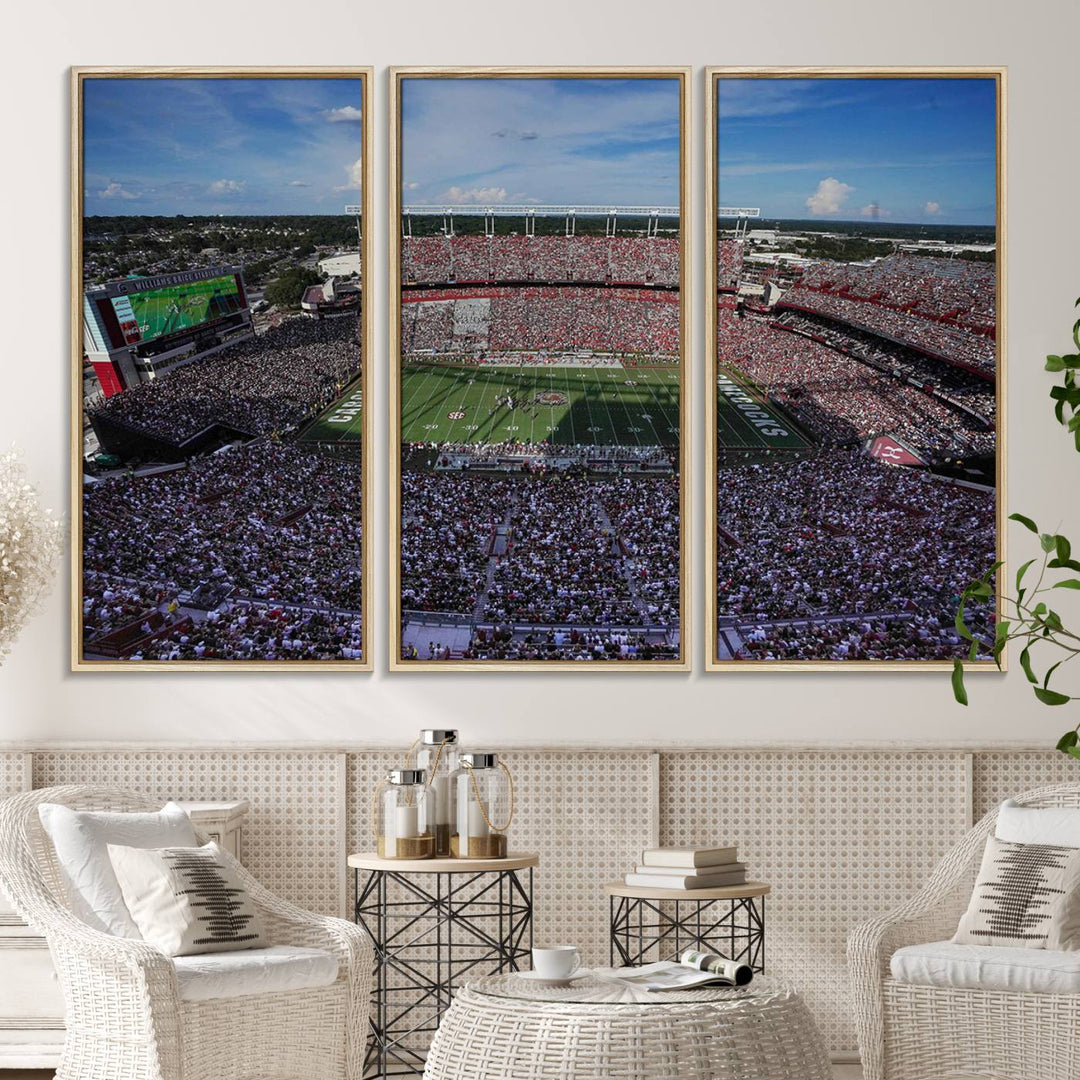 The wall art is a South Carolina Gamecocks print, showcasing Williams-Brice Stadium from a distance under clear skies.