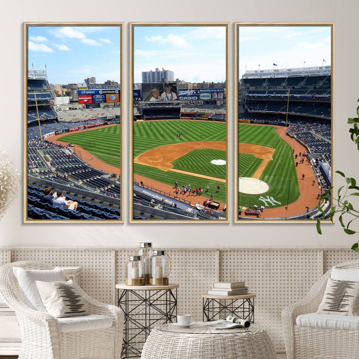 The living room features a Buffalo Bills Stadium wall art.