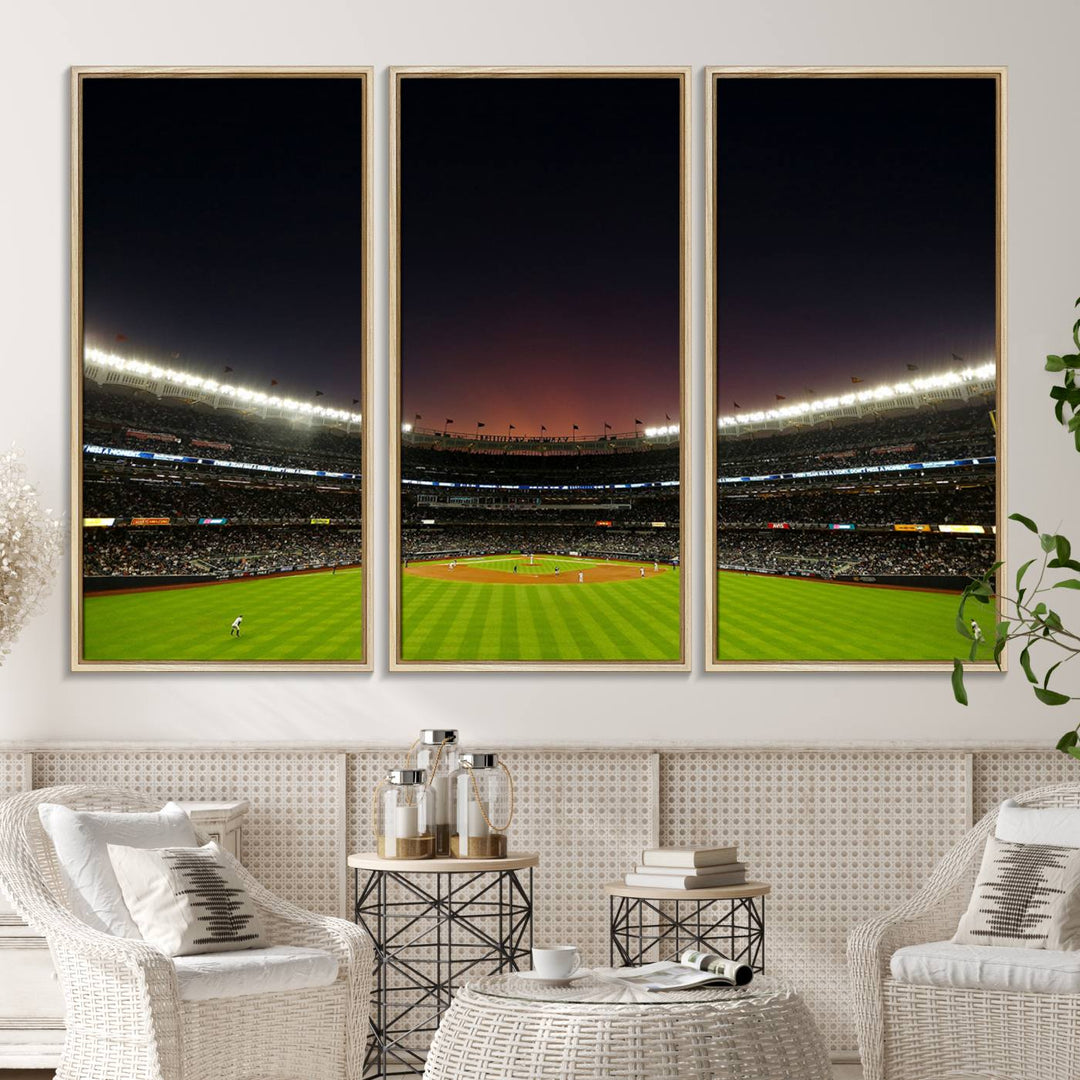 A night game at Yankee Stadium depicted on canvas beneath a sunset sky.