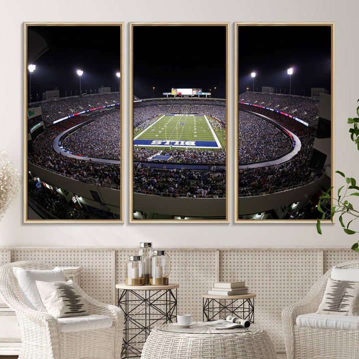 The Buffalo Bills NFL Highmark Stadium at night print captures the bright lights, conveying an exhilarating atmosphere.