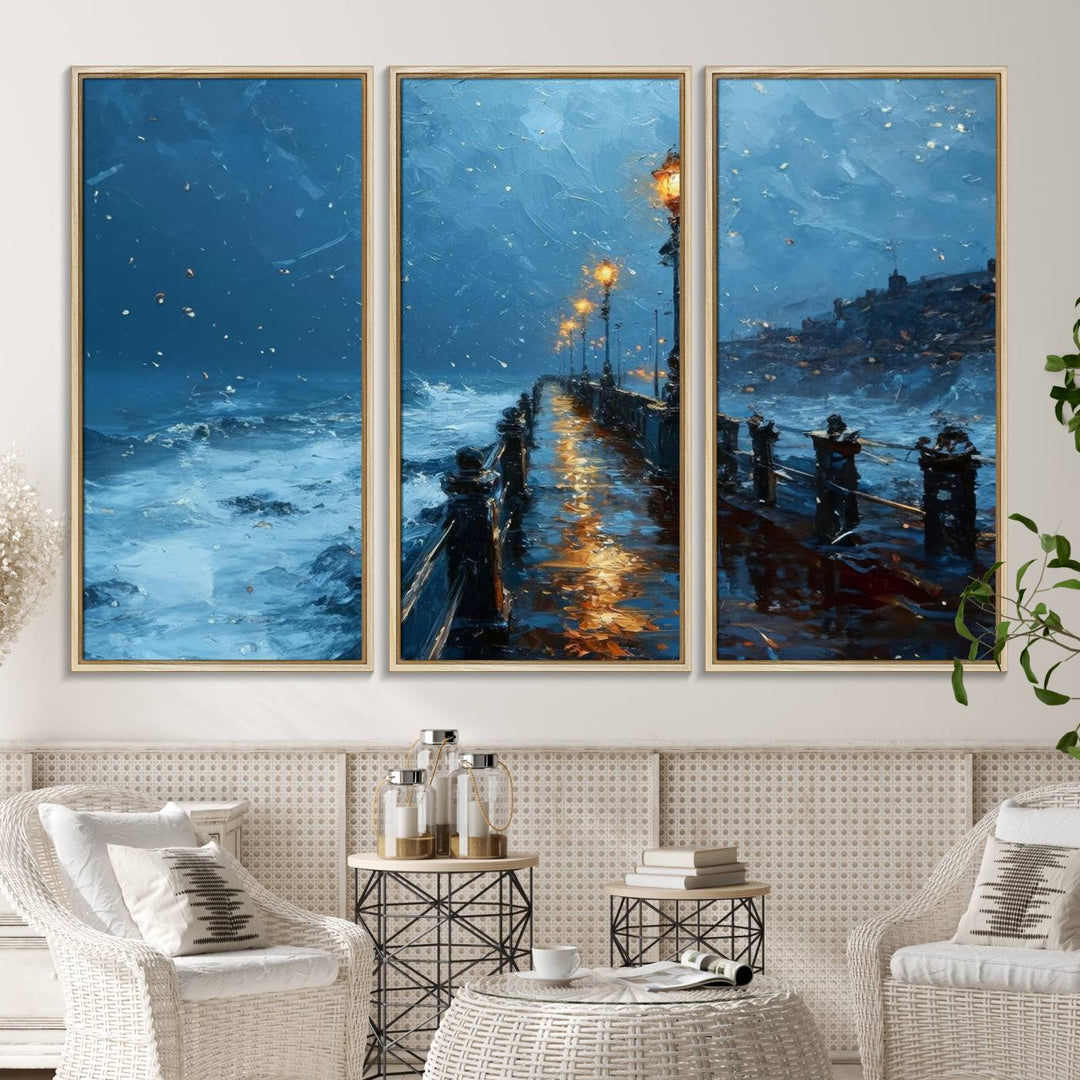 A framed oil painting depicts a stormy night at a beach pier, with glowing lamps and waves beneath a snow-filled sky.