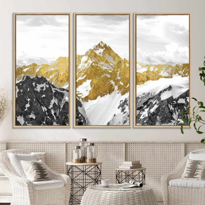 Gold Abstract Mountains Wall Art Print on Canvas.