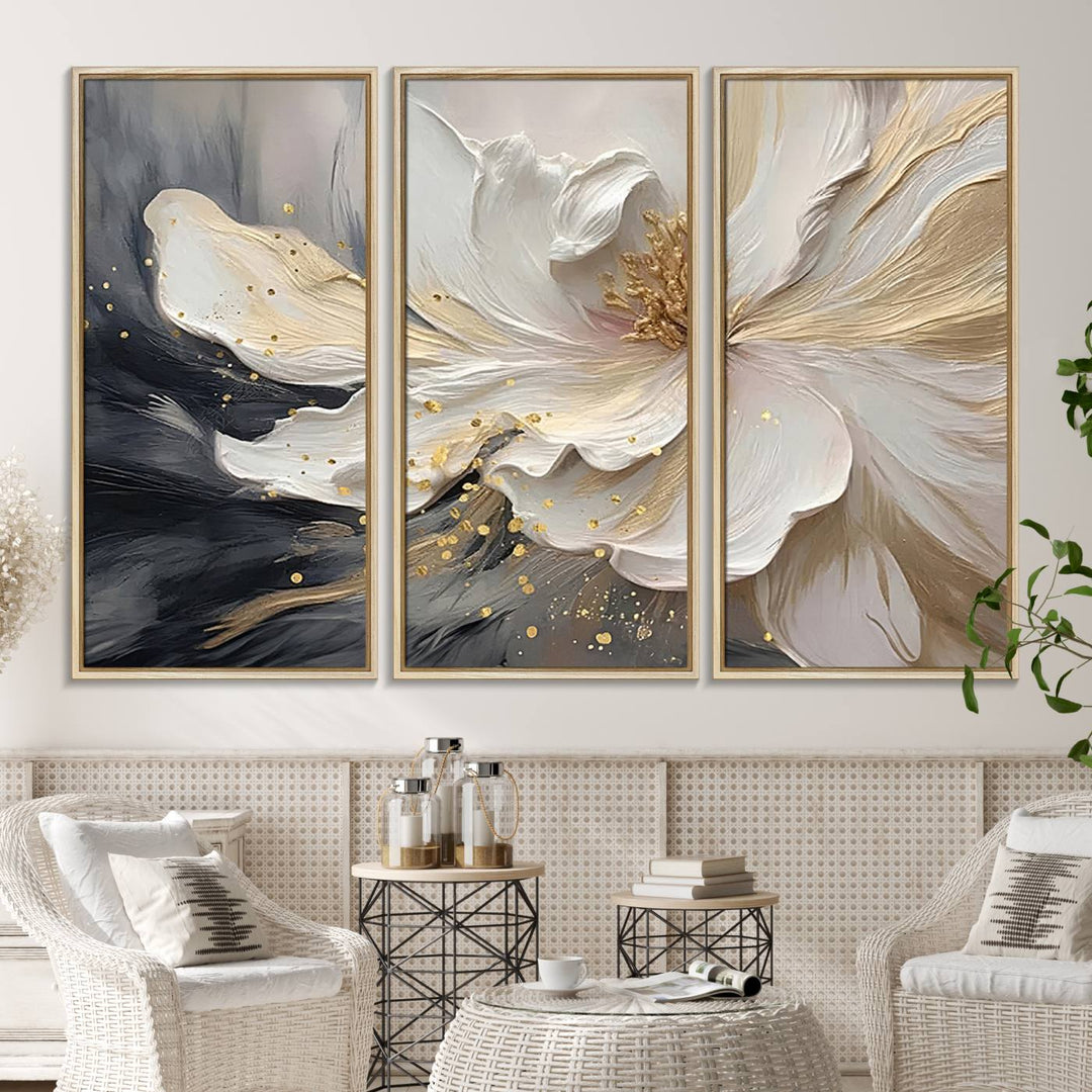 The abstract floral wall art canvas print features a large flower with gold accents.