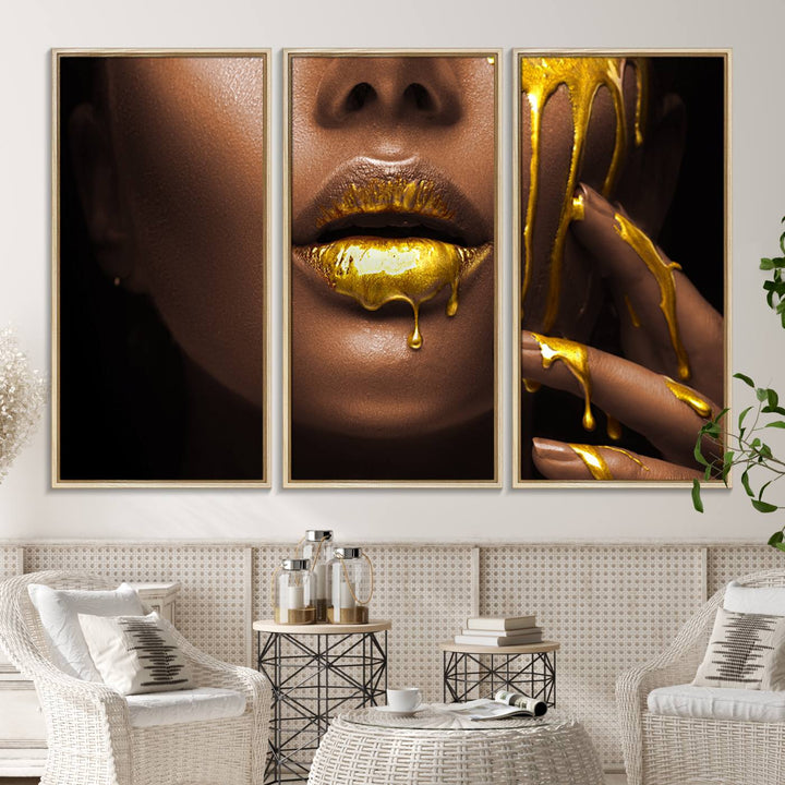 African American Art Canvas Print of a Black Woman with Gold Lips.