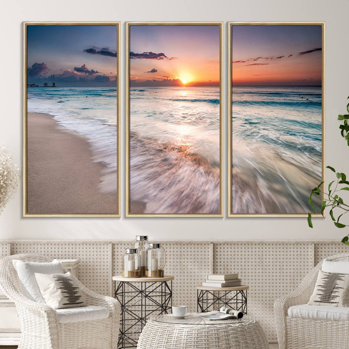 The Sunset Beach Wall Art adds tranquility to the living room.