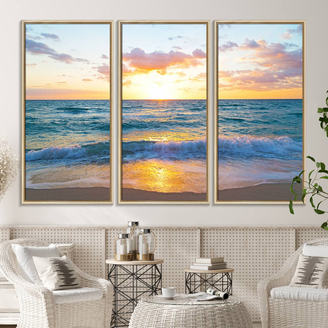 The Golden Sunset Over Ocean Waves painting depicts a vibrant sky.