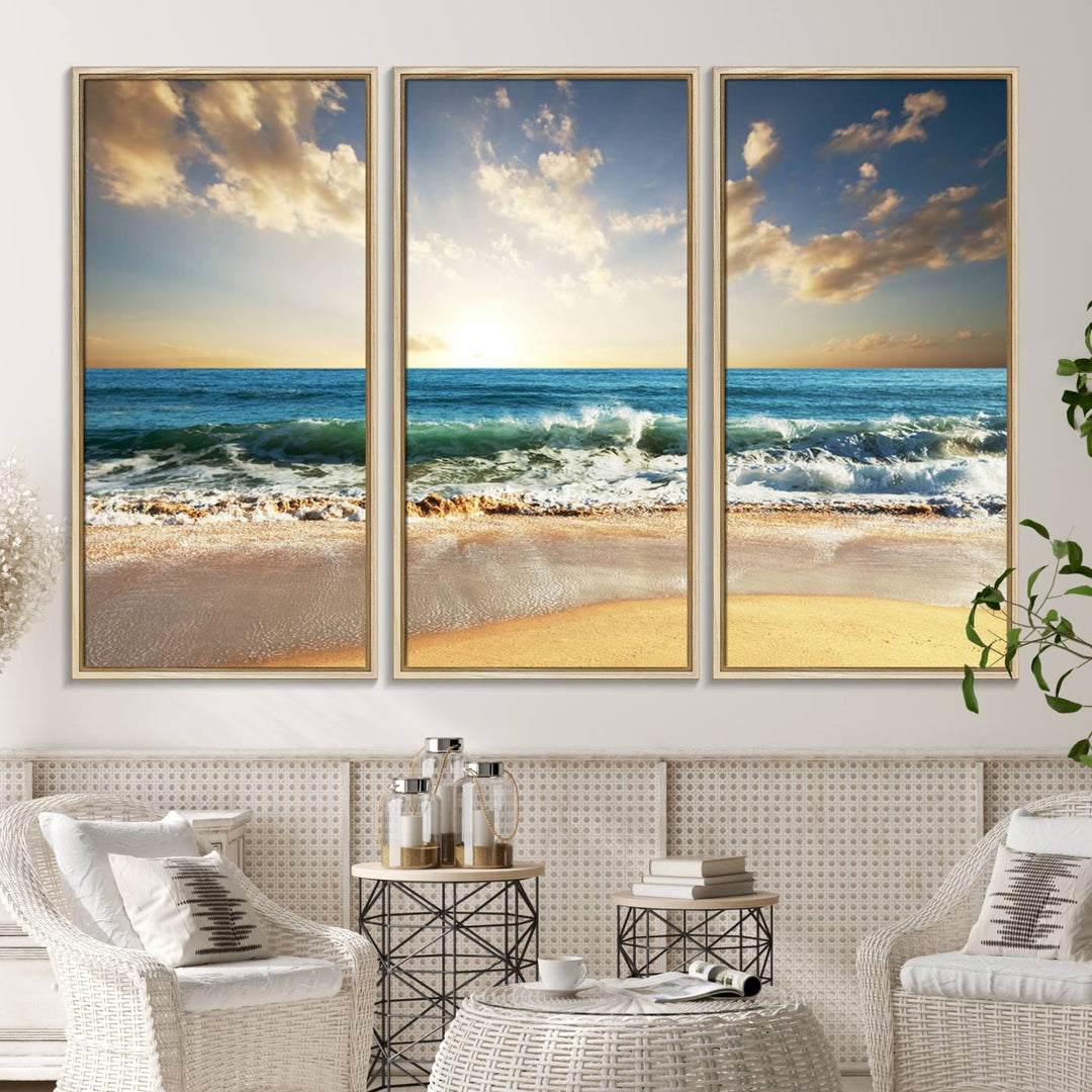 A Golden Sunset Beach triptych adorns the wall.