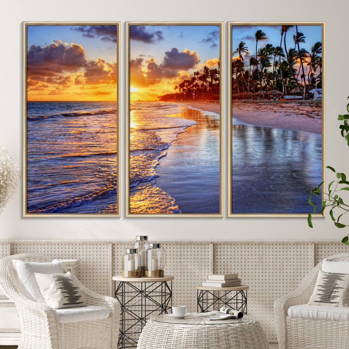 Serene Beach Sunset Wall Art Canvas featuring ocean waves hangs prominently.