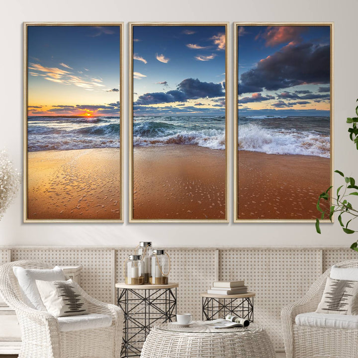 A Beach Canvas Wall Art depicting ocean waves and a tranquil sunset hangs above, capturing the serene beauty of coastal scenery.