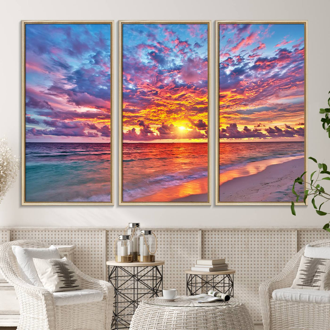 The Vibrant Sunset Beach Wall Art hangs prominently on the wall.