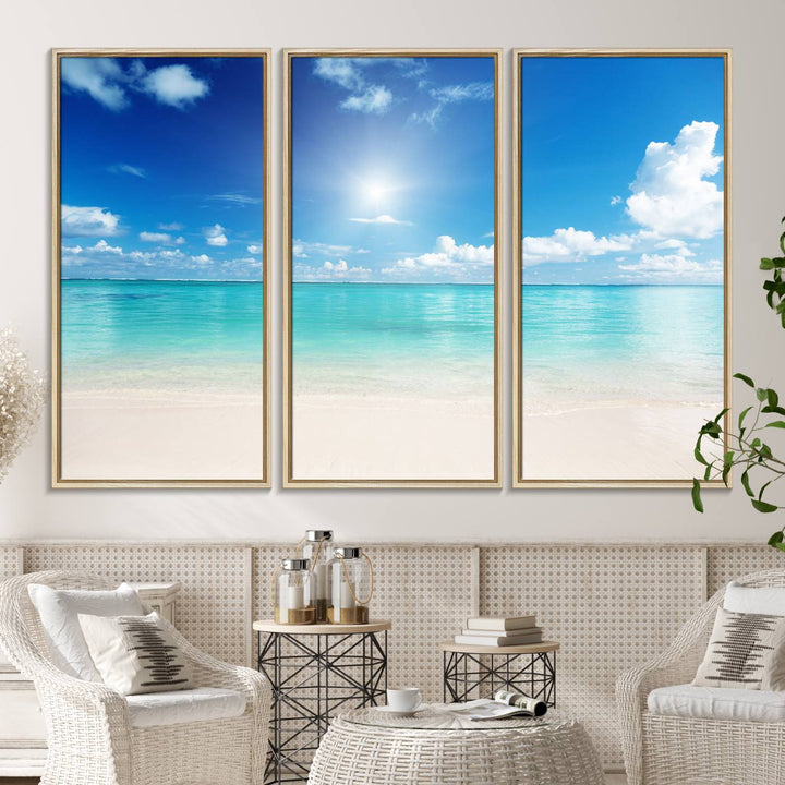 The Blue Ocean Wall Art Canvas Print hangs, creating a tranquil paradise.