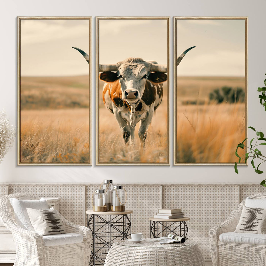 The Texas Cow Longhorn Wall Art Canvas adds rustic charm to the decor.