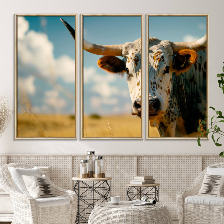 The Longhorn in the Prairie triptych cowboy wall art is ideal for western decor.