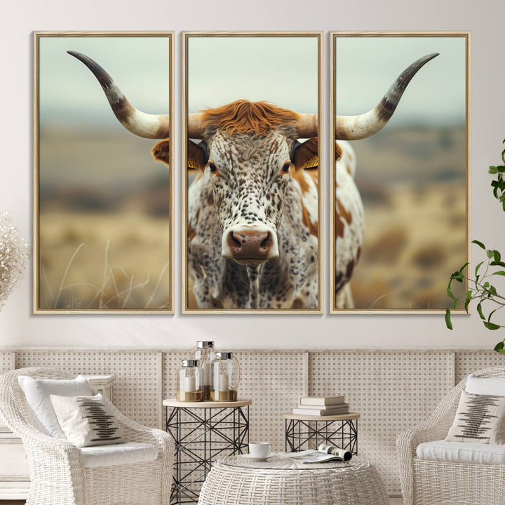 The Texas Cow Longhorn Canvas Print hangs, adding Western elegance.