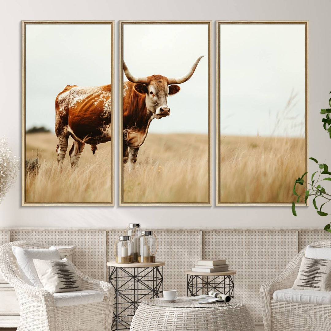 The Texas Longhorn canvas wall art print enhances a rustic farmhouse decor setting.