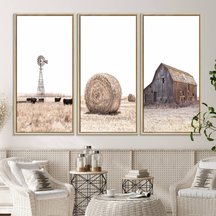 Above the couch, a Rustic Farmhouse Wall Art set depicts a barn and wheat field.