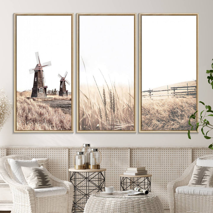 Farmhouse wall art set: 3 giclee canvas prints featuring windmills and wheat fields.