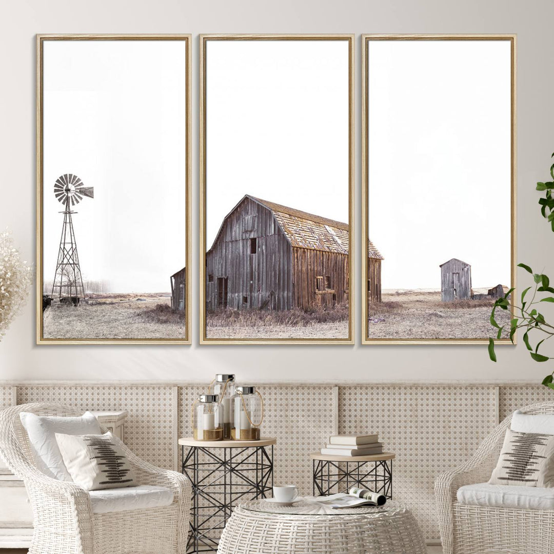 The Set of 3 Rustic Farmhouse Wall Art Prints features a barn, wheat field, and landscape.