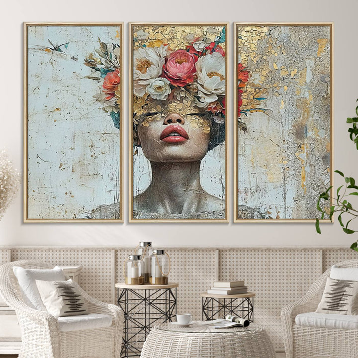 Golden Petal Canvas Print of a silhouette woman with a floral head creates a captivating focal point in the space.