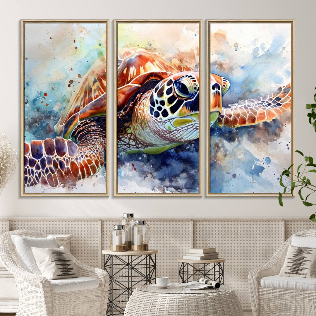 A Watercolor Sea Turtle Canvas Print with vibrant ocean colors adorns the wall.