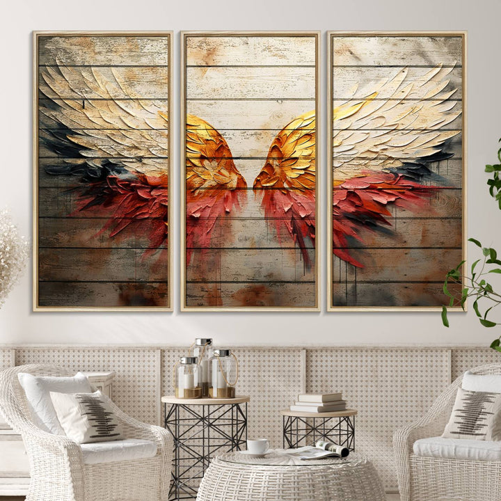 Abstract Angel Wings Canvas Art on a wooden backdrop.