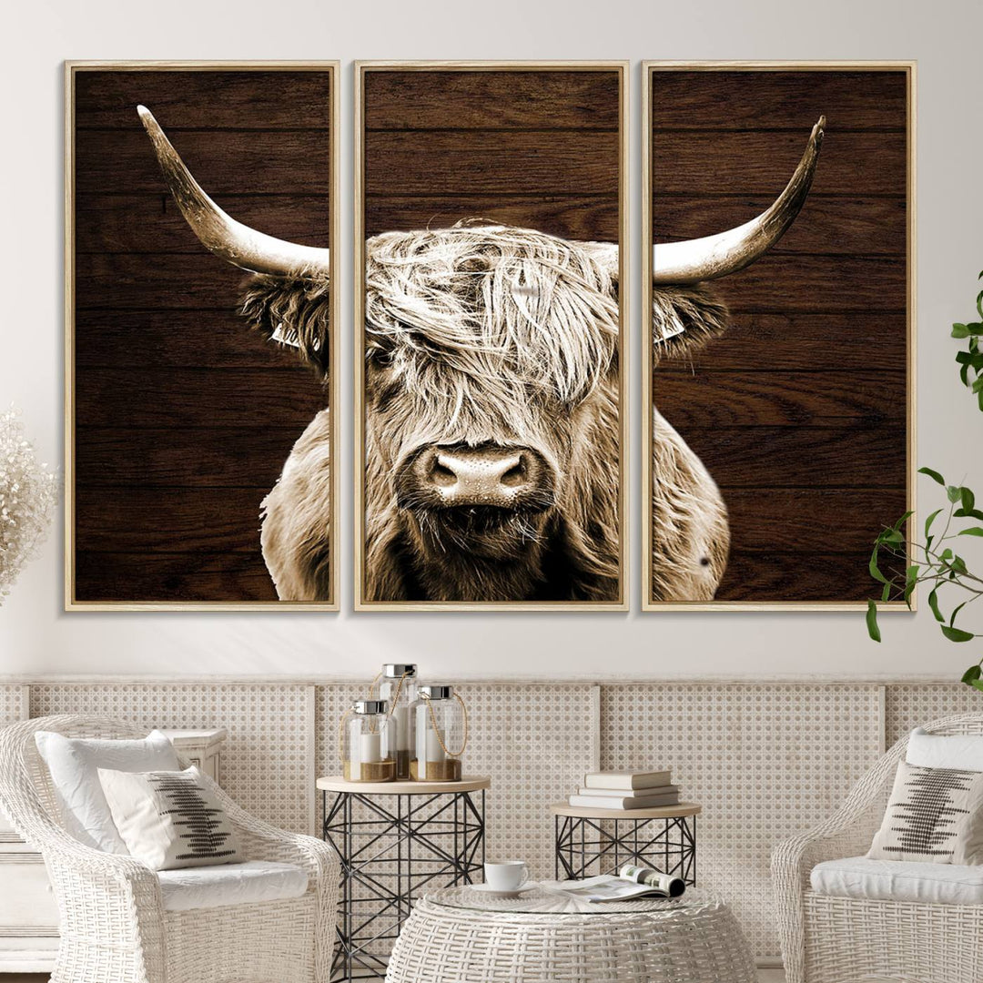 Highland Cow Wall Art Canvas Print: Majestic Scottish bull on rustic decor, ready to hang.