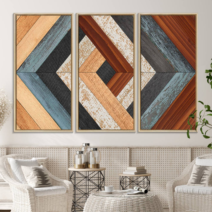 A Geometric Wood Art Wall Decor with a rustic pattern hangs prominently.