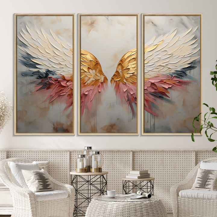 The Golden Angel Wings canvas print elegantly adorns the wall.