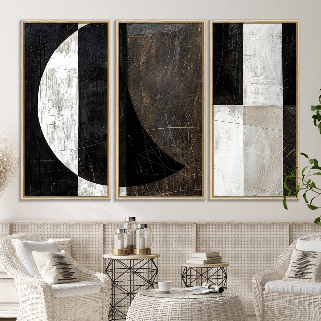 Wabi Sabi Wall Art Canvas Set features black, white, and brown geometric shapes.