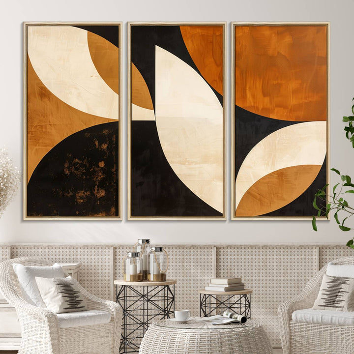 Geometric abstract wall art print featuring leaf shapes in brown, beige, and black.