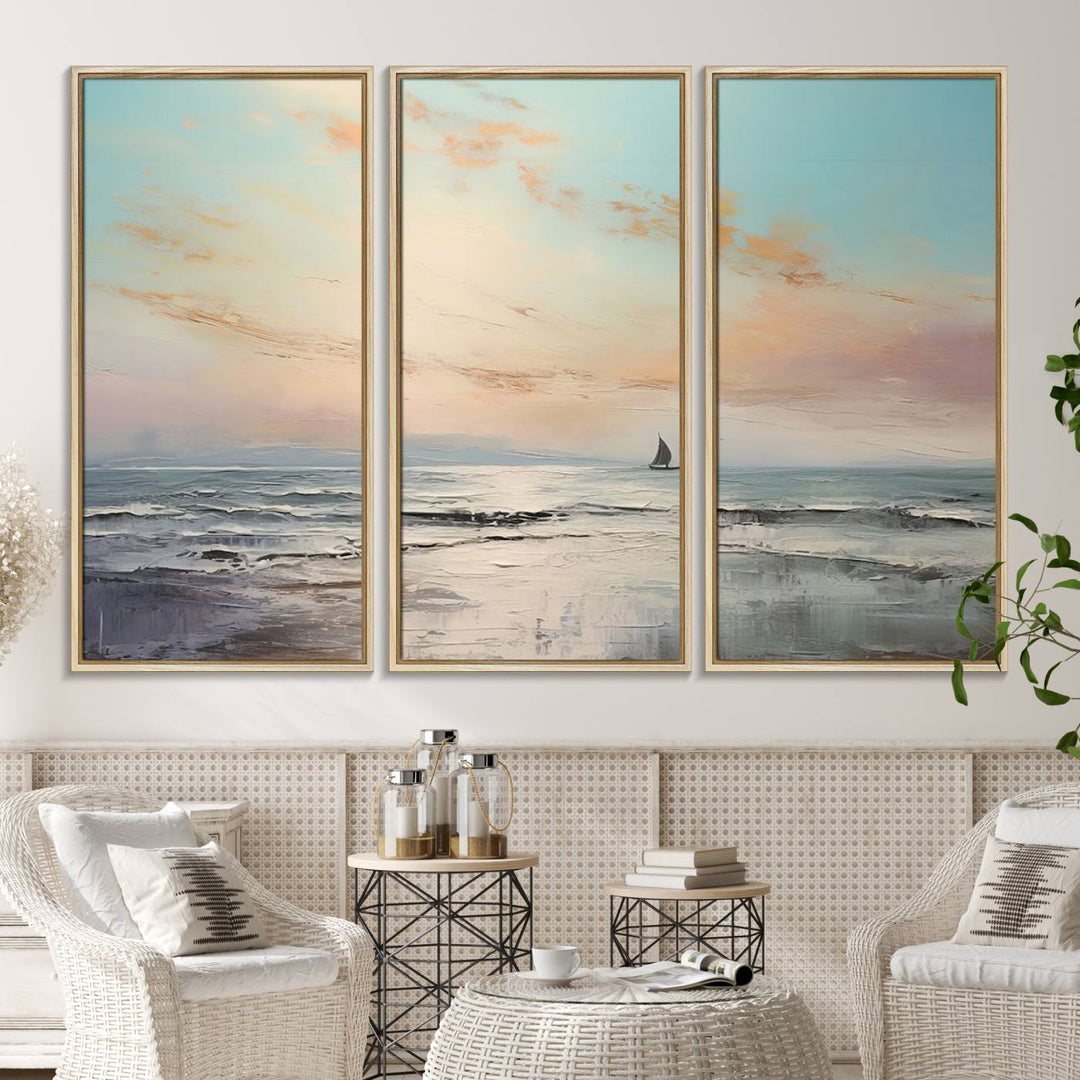 An Abstract Ocean Wall Art - Boat Canvas Print hangs prominently.