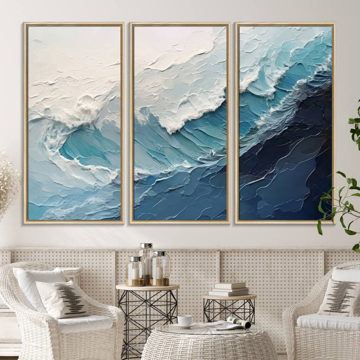 A Blue Abstract Wave Ocean Wall Art Canvas Print adorns the wall.