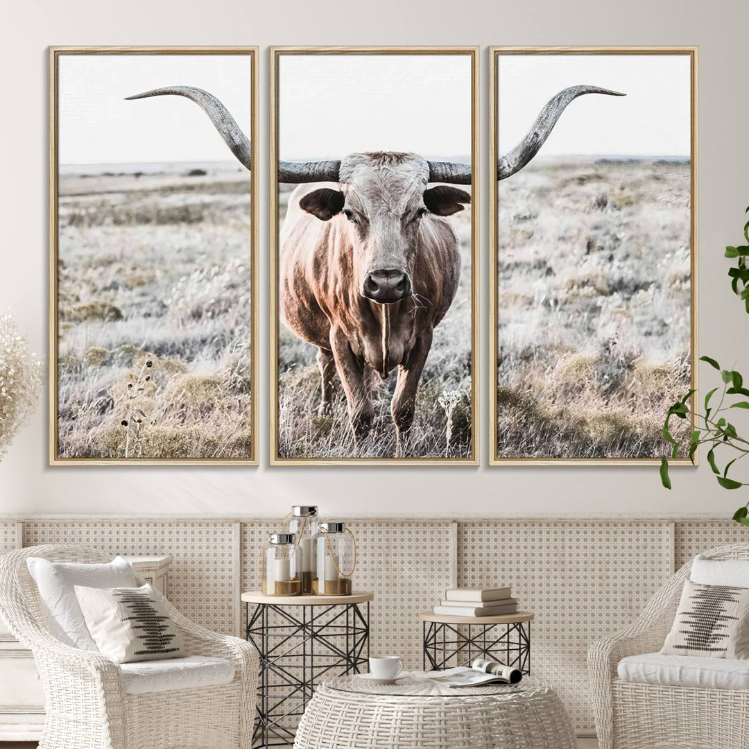 A framed gallery-wrapped Rustic Texas Longhorn Wall Art Canvas Print enhances the space, perfectly capturing the essence of the grassy landscape.