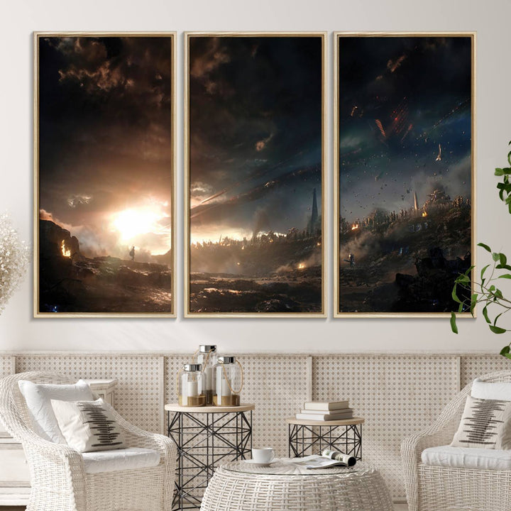 The Avengers Planet Wall Art Canvas Print depicts a stormy sky with figures.