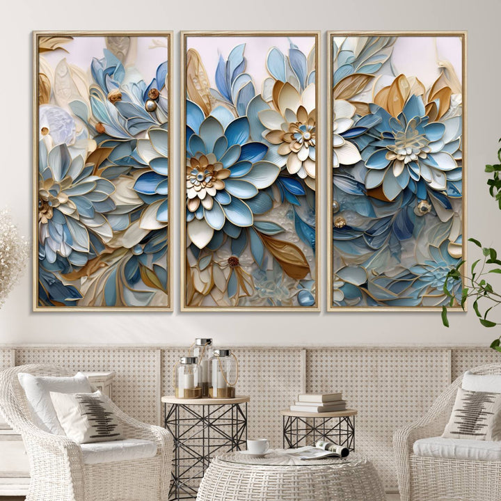 Blu Abstract Flower Canvas with blue, white, and gold petals—perfect home decor.