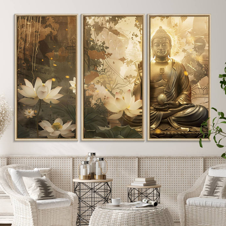 The living room features the Zen Buddha Wall Art Canvas Print with lotus flowers.