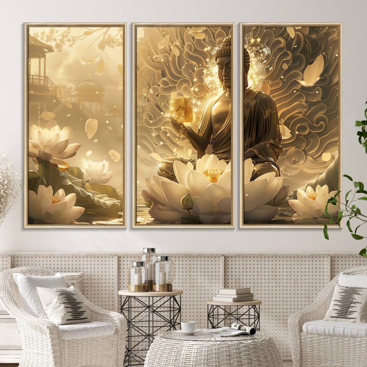 A framed Golden Buddha Wall Art with lotus flowers, ideal for meditation rooms, is beautifully displayed.