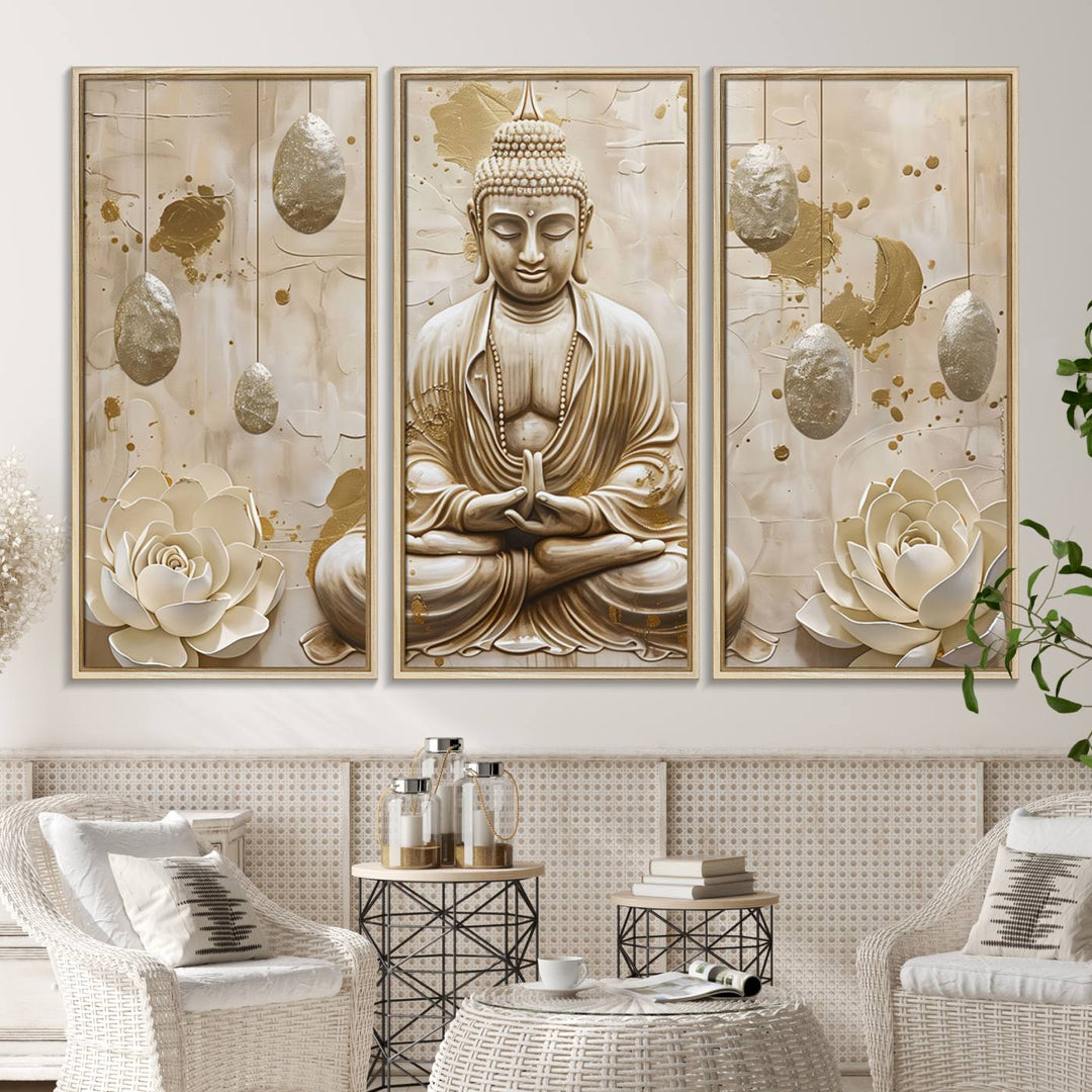 A modern Serene Buddha Wall Art, enhanced by lotus flowers, creates a tranquil atmosphere.