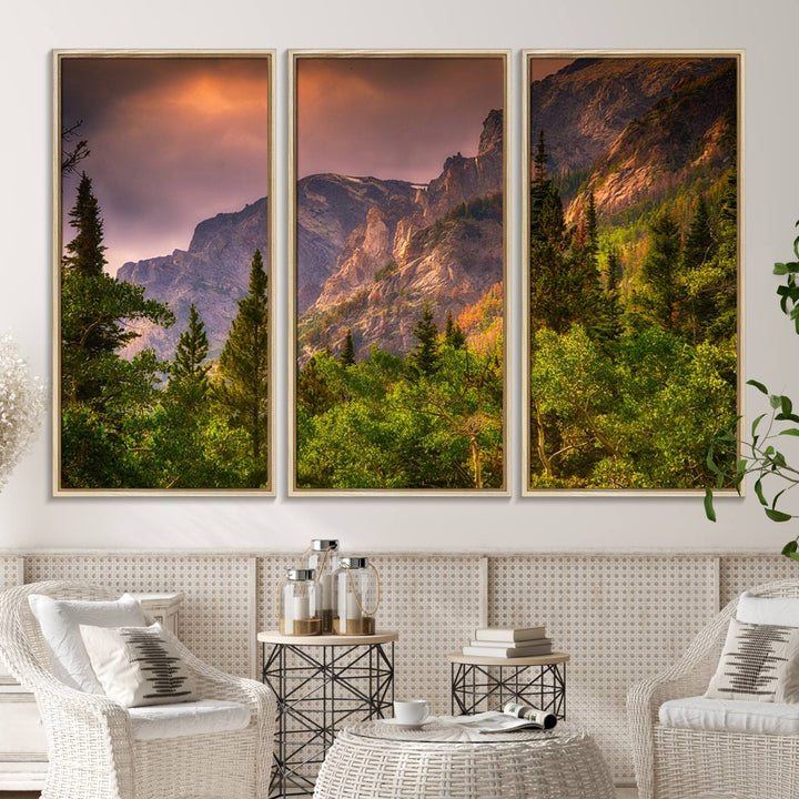 The Colorado Rockies Mountains wall art canvas print at sunset is displayed prominently.